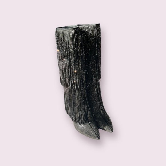 INC International Concept Ishani Black‎ Rhinestone Studded Fringe Boot Size 8M - Picture 12 of 14